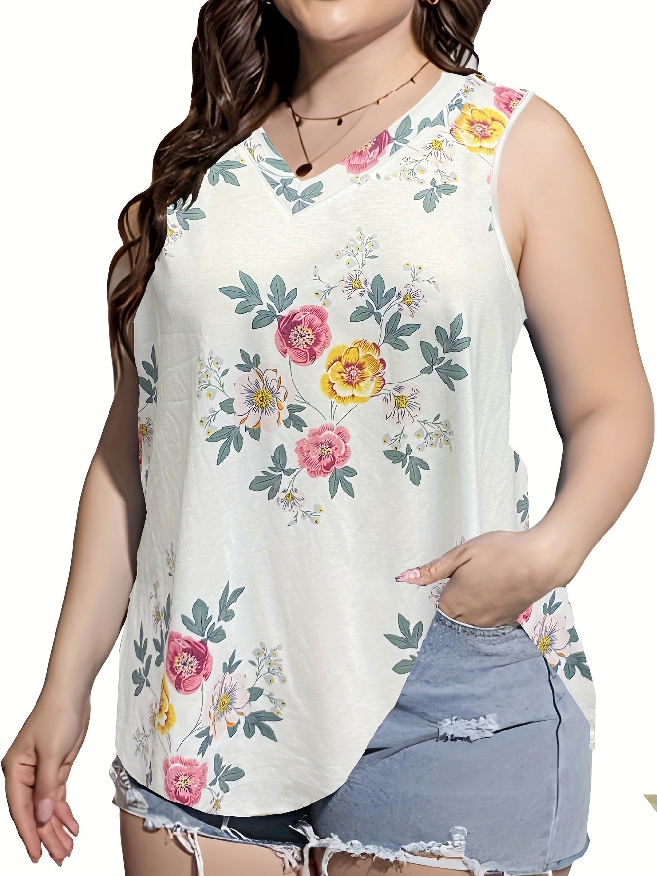  Floral Print V Neck Tank Top