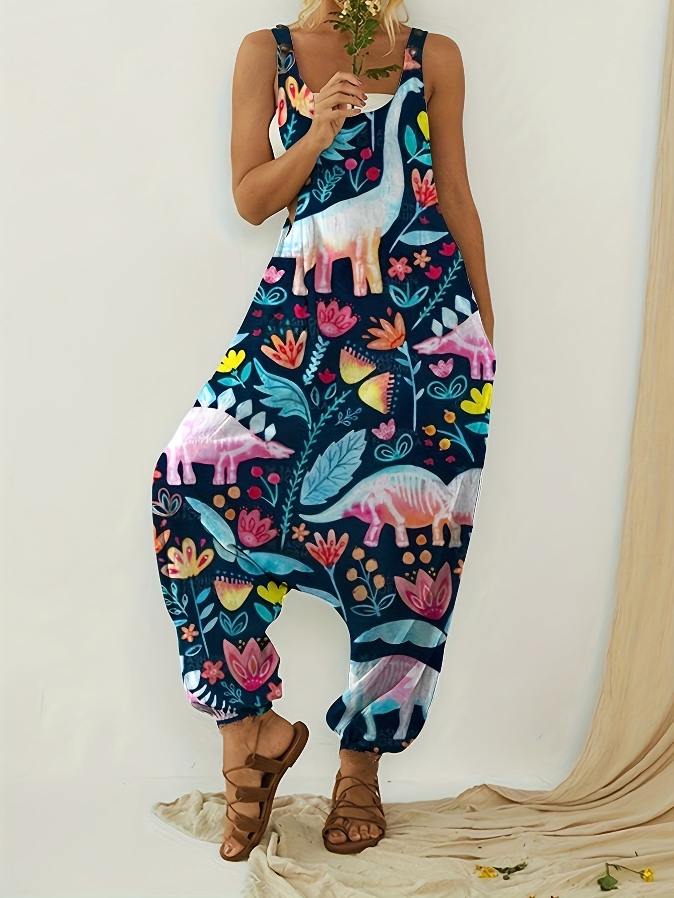  Ocean Fish Print Round Neck Wide Leg Jumpsuit