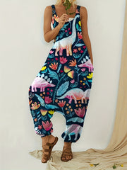  Ocean Fish Print Round Neck Wide Leg Jumpsuit