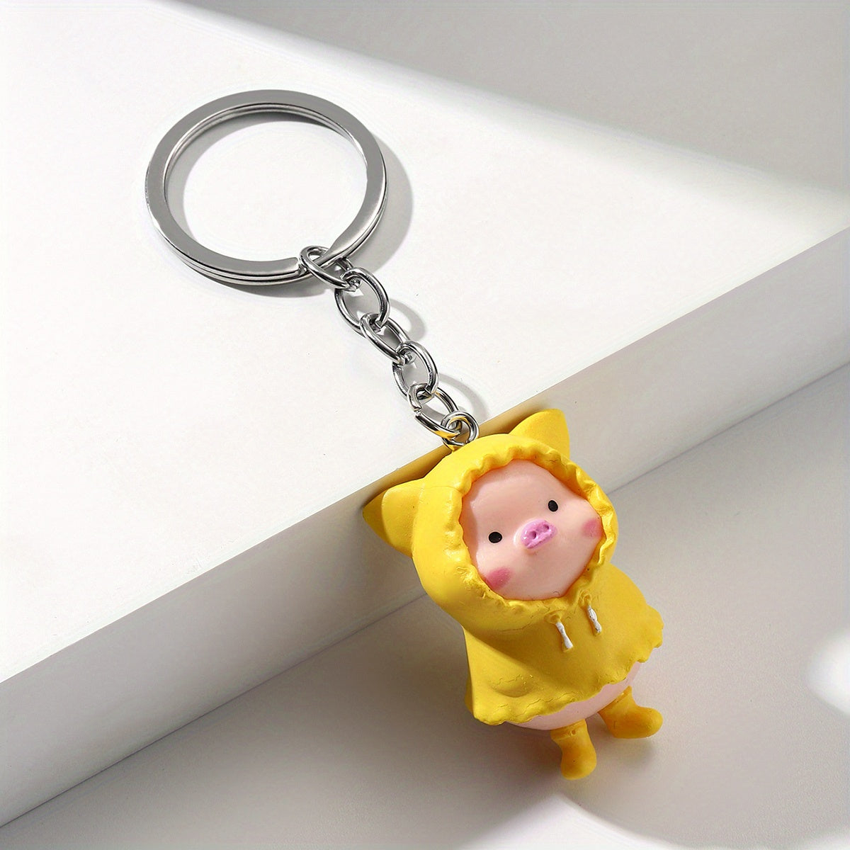 Cartoon Pig Raincoat Keychain Pendant Resin Doll Key Ring Bag Accessories