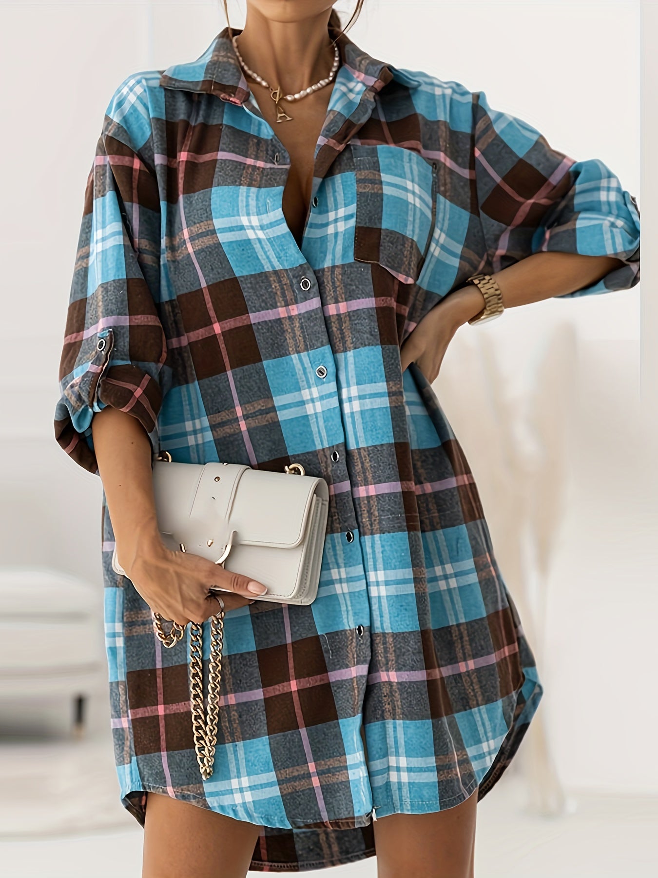 Women's Plus Plaid Button Up Blouse Roll Up Sleeve
