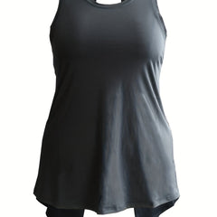  Sports Top Women's Plus Solid Round Neck Cut Out Split Back
