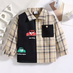 Boy's Car Print Plaid Shirt Casual Button Down Top