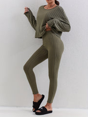 Ribbed Knit Two piece Set Casual Long Sleeve T shirt & Skinny Pants Outfits