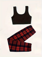 Plaid Print Lounge Set Tank Top & Pants Women's Loungewear