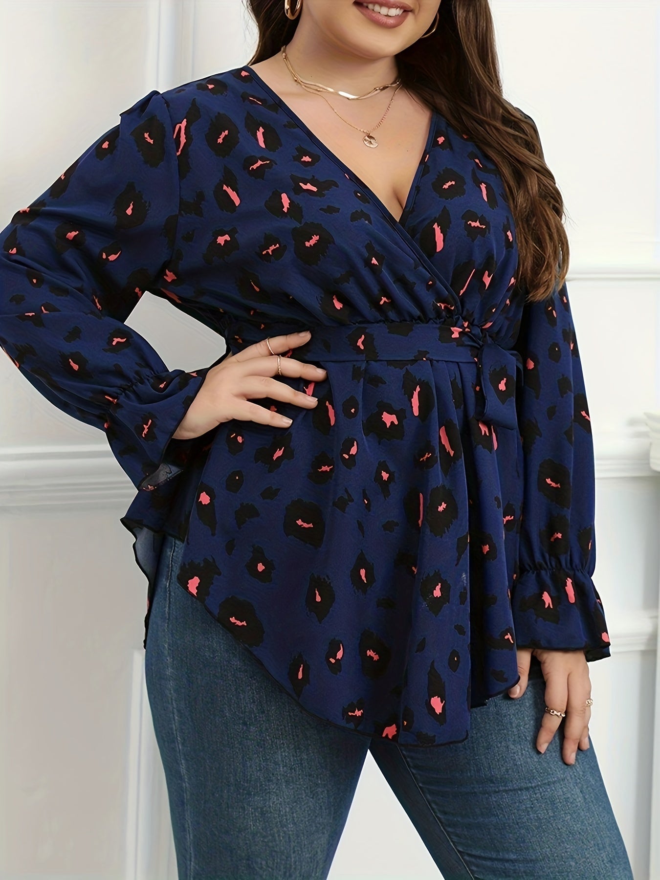  Leopard Print Flounce Sleeve V Neck Peplum Top