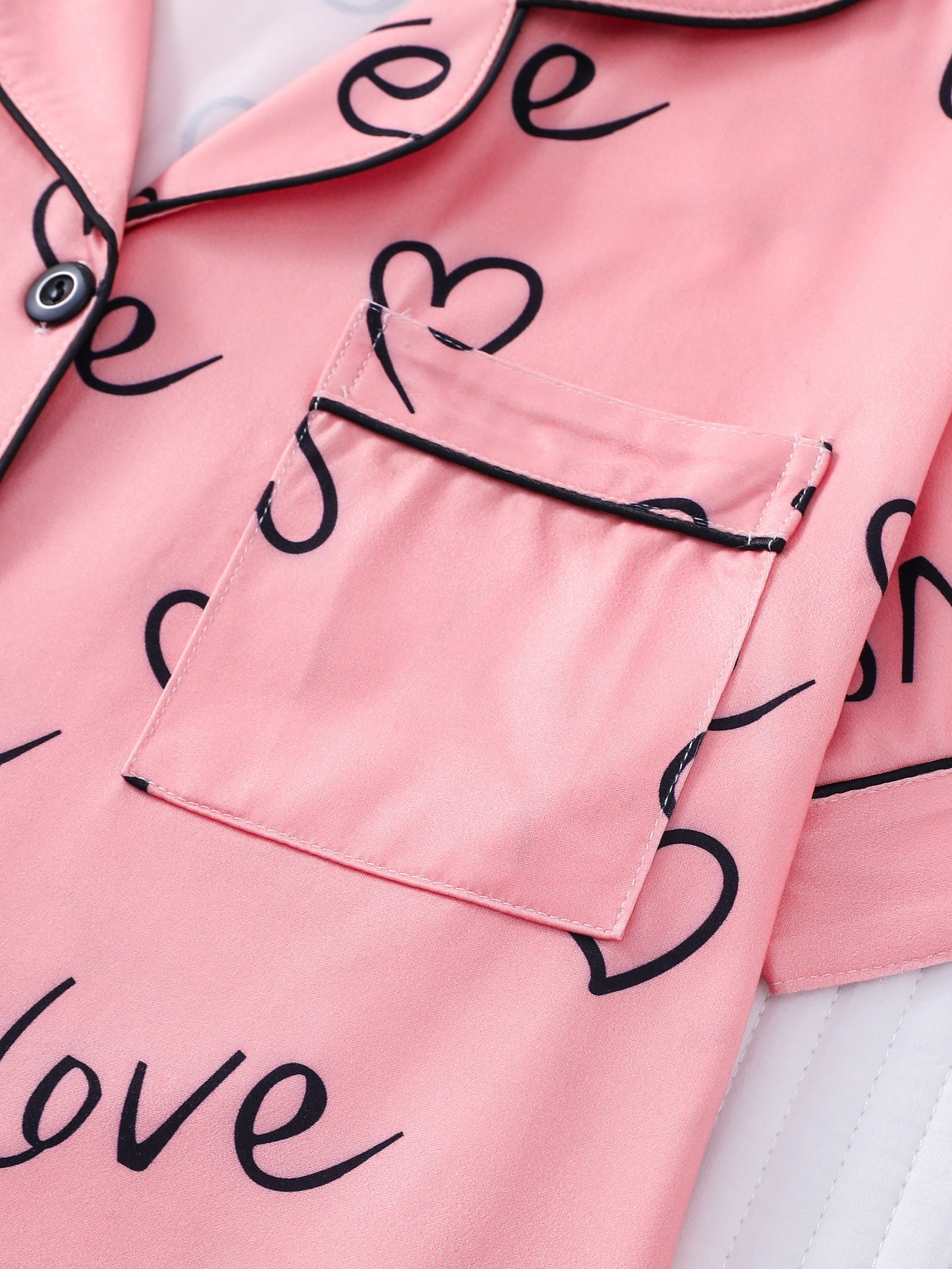 Heart Print Pajama Set Short Sleeve Buttons Top & Elastic Waistband Shorts