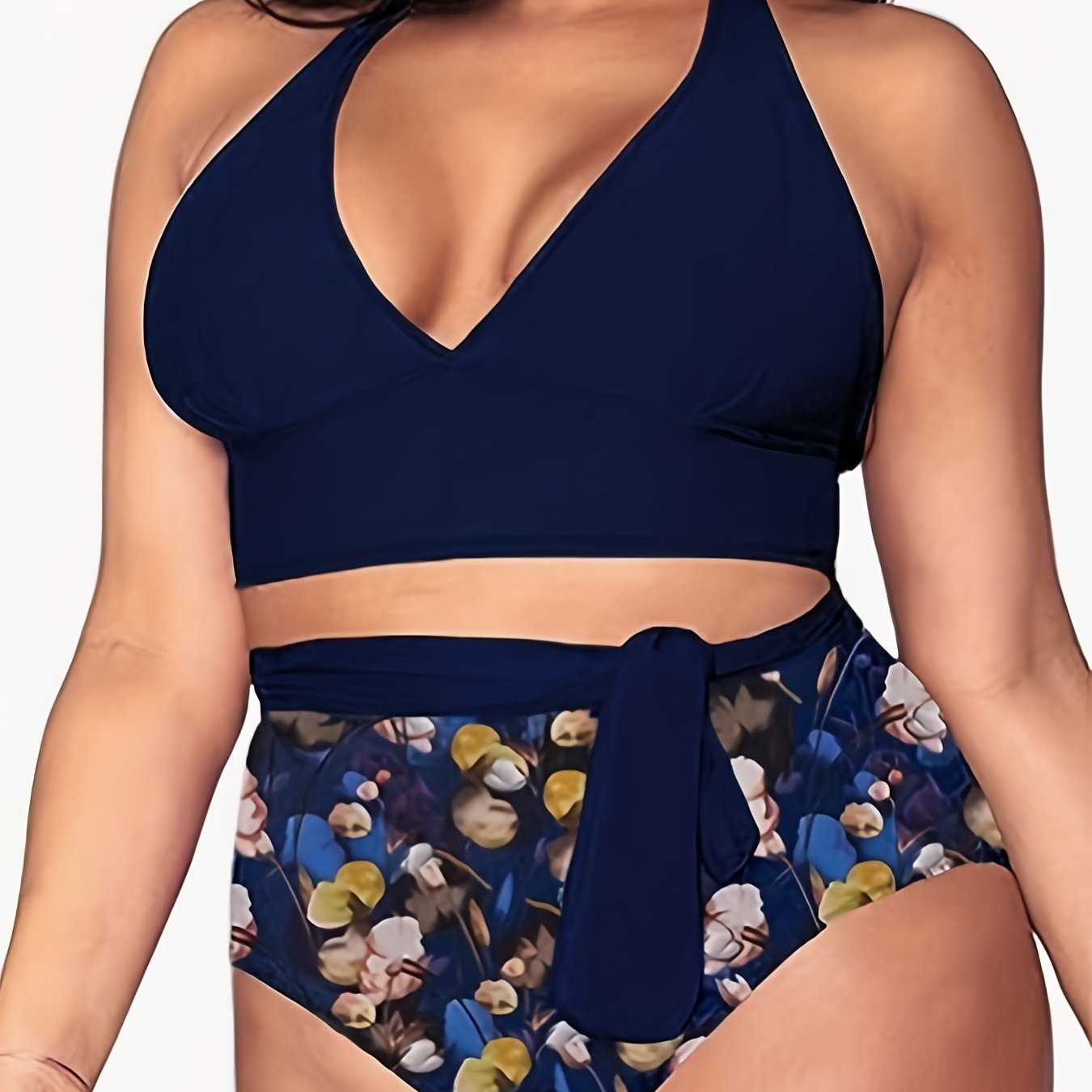  Vacay Bikini Set Solid V Neck Backless Halter & High Waisted Panty Swi