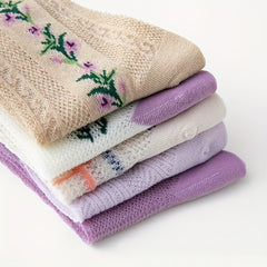 5 Pairs Floral Print Socks Comfy & Breathable Mid Tube Socks Women's Stockings