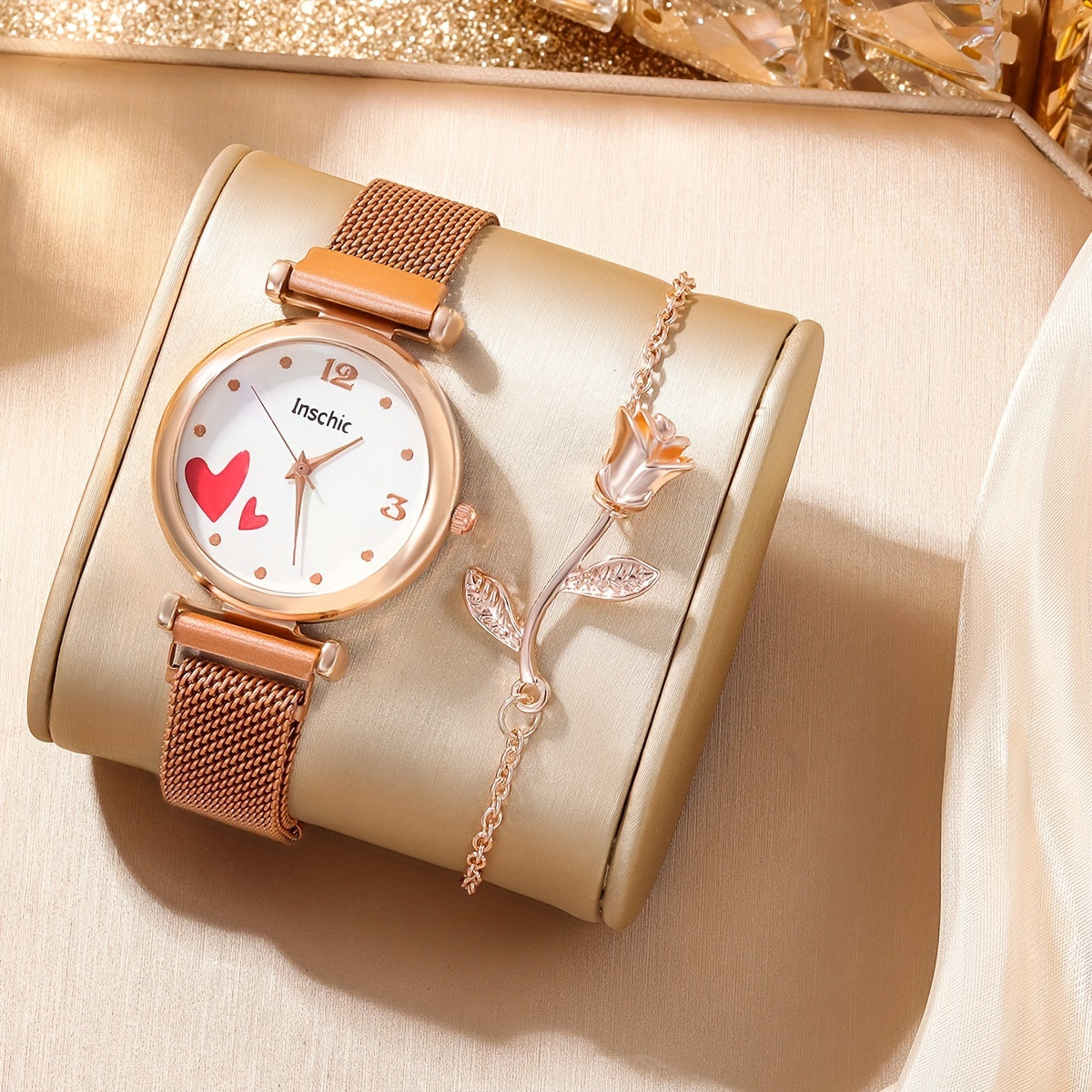 Student Digital Rhinestone Leather Watch & 5pcs Love Rhinestone Jewelry Set