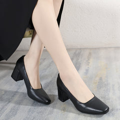 Women's Square Toe Court Pumps Black Chunky Mid Heels