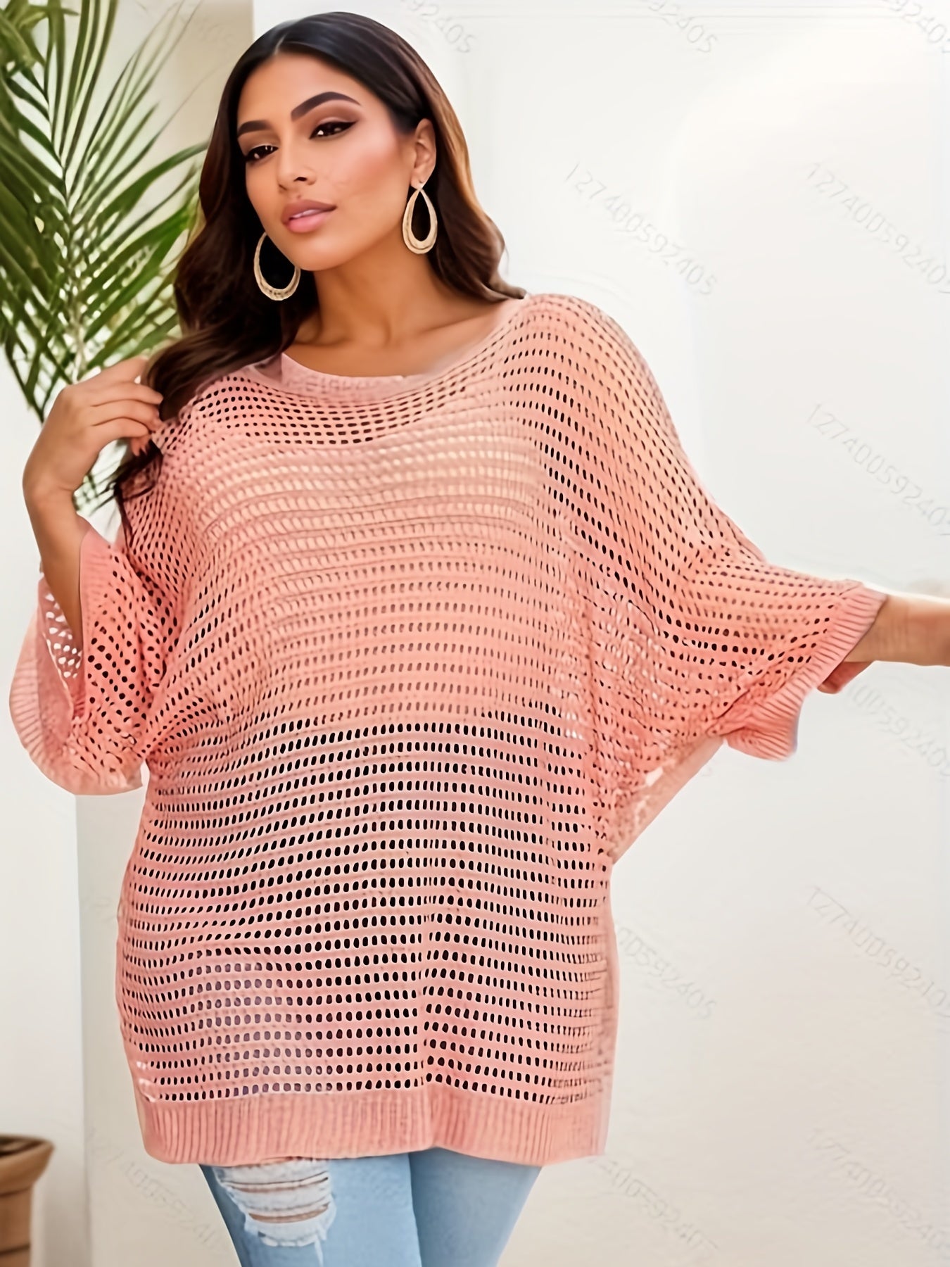  Casual Sweater Eyelet Embroidered Bat Sleeve