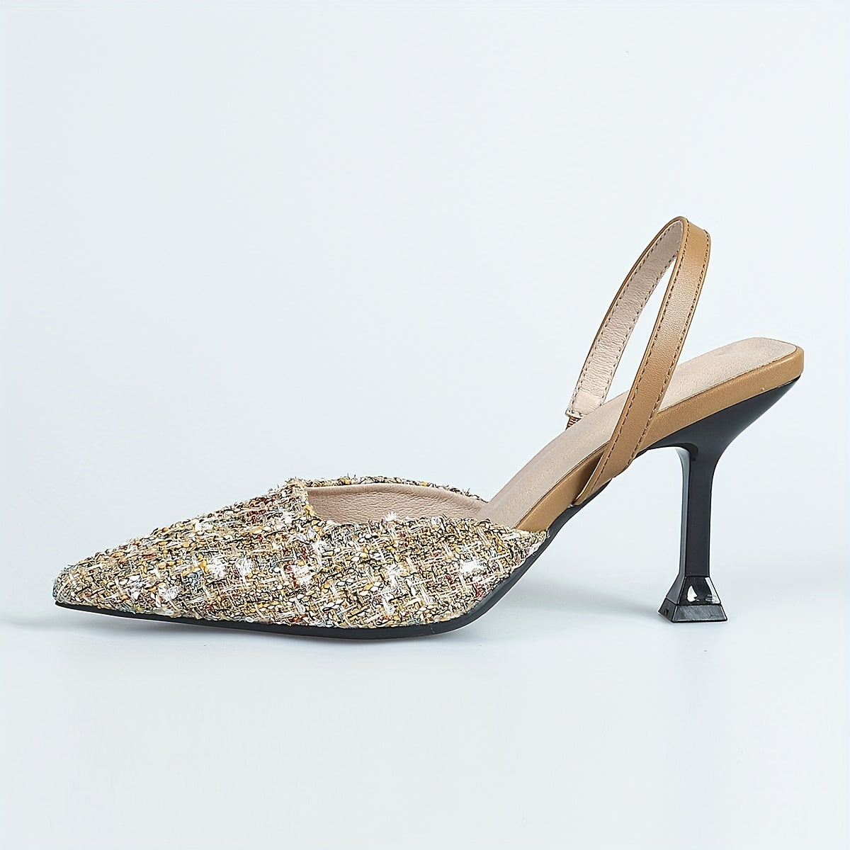Women's Tweed Slingback High Heels Pointed Toe Slip On Stiletto Heels