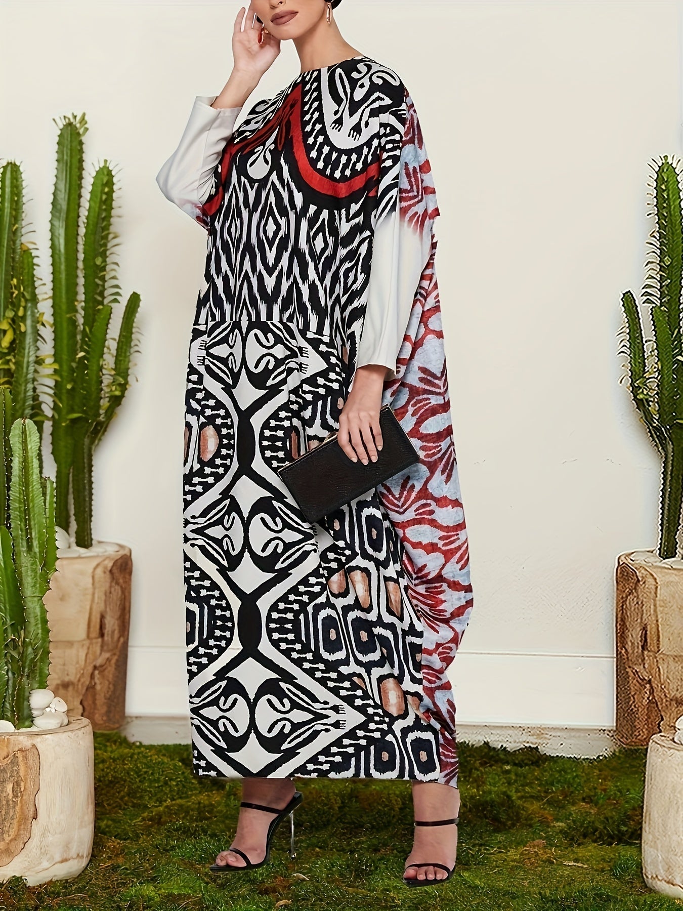 Retro Kaftan Dress Plus Size Graphic Print Batwing Sleeve Maxi Dress