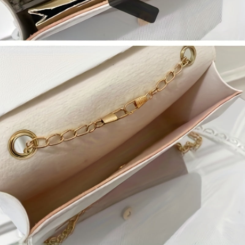 Colorblock Square Shoulder Bag with Flap Chain, Women's Work Purse