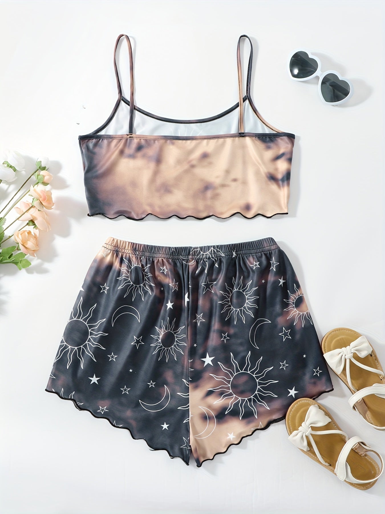  Sun & Moon Print Ruffle Trim Pajama Set