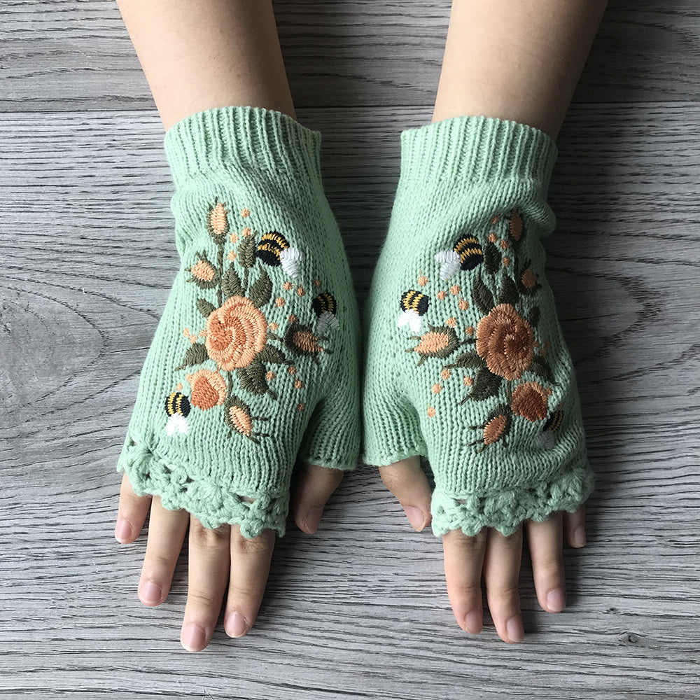 Women's Flower Knit Fingerless Gloves