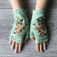 Women's Flower Knit Fingerless Gloves