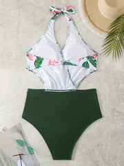  Tropical Print Cut Out V Neck Halter One Piece Swimsuit