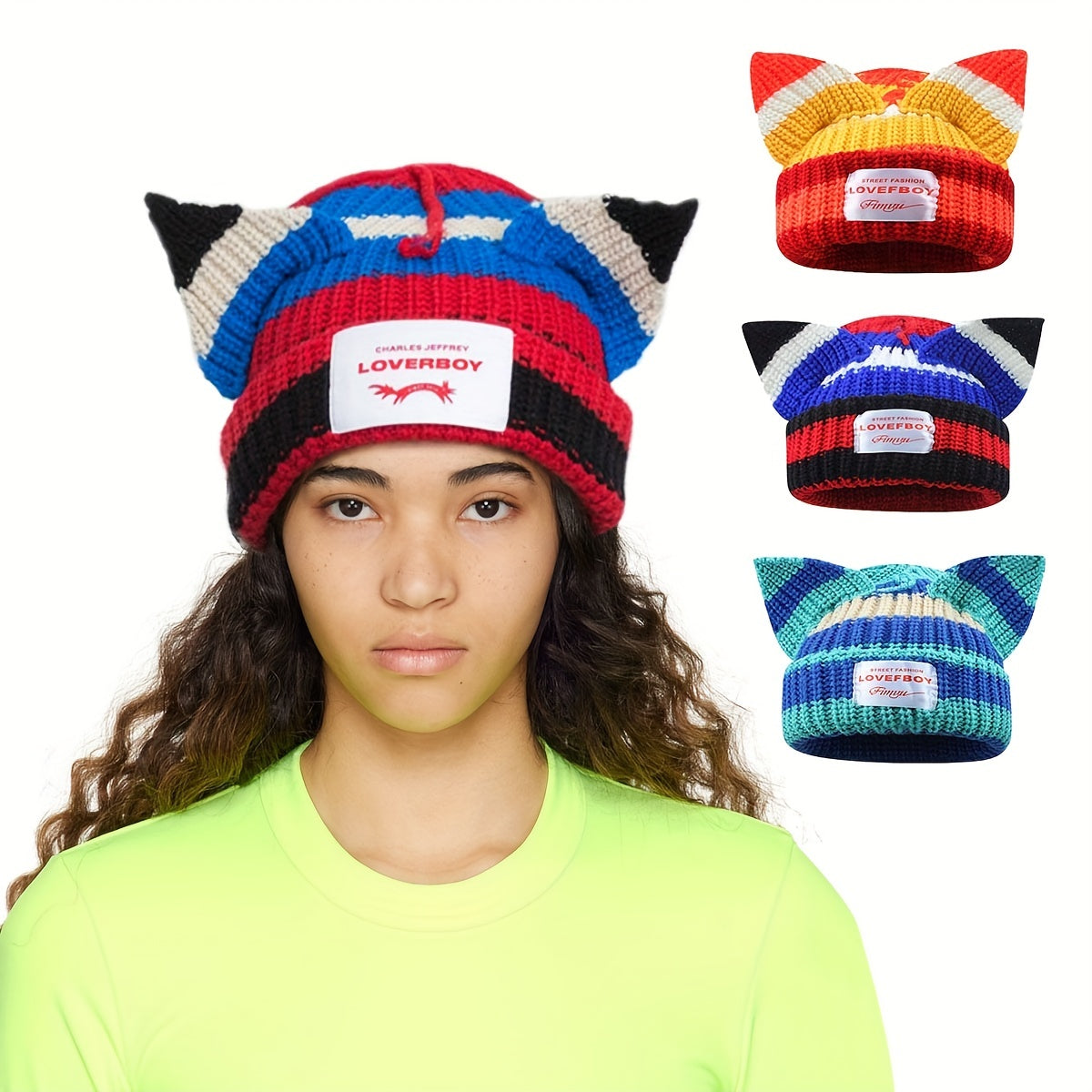 Y2K Block Knitted Beanie Pig Ears Warm Skull Cap Unisex Hip Hop