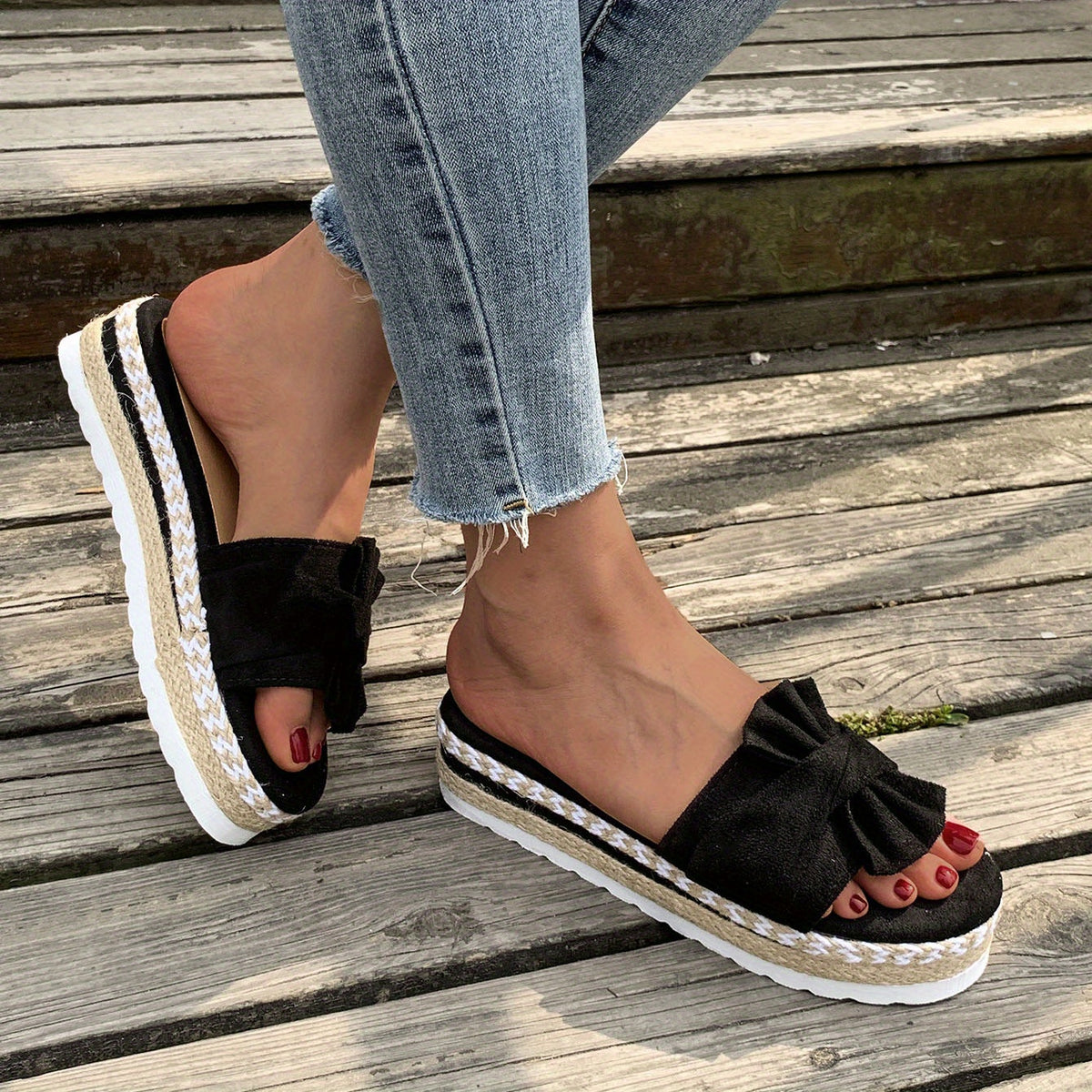 Women's Bowknot Espadrilles Slippers Open Toe Platform Anti skid Slides