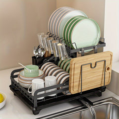 2 Tier Dish Drying Rack with Drainboard Set Large Metal Dish Racks Kitchen Acc