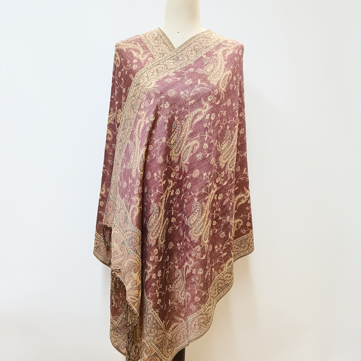 Large Tassel Scarf Rose Pink Paisley Jacquard Vintage Shawl Windproof Wrap