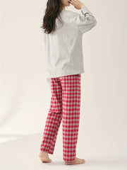 Cozy Pajama Set: Crew Neck Top & Plaid Pants