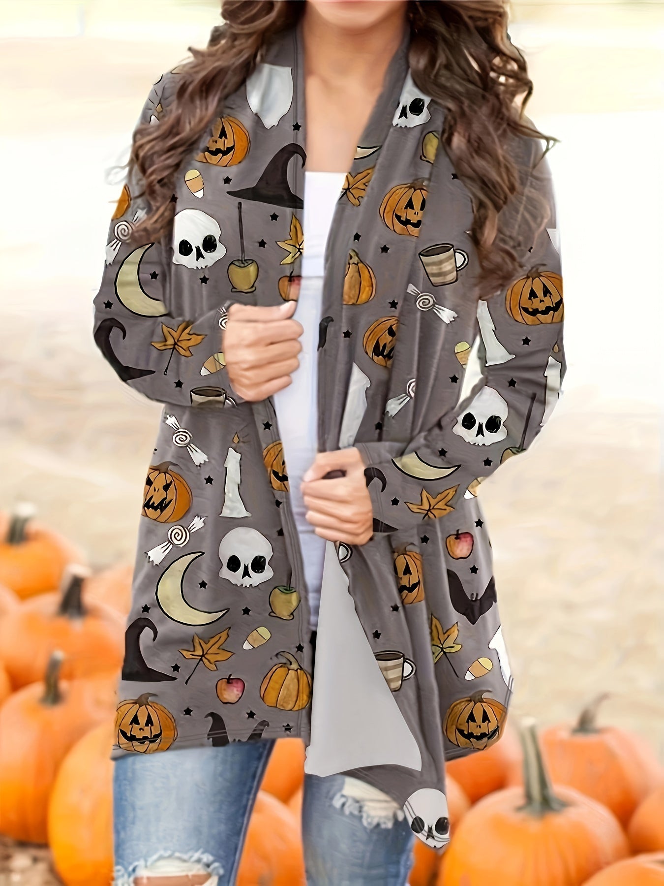  Halloween Cardigan Women's Open Front Graphic Print Long Sleeve