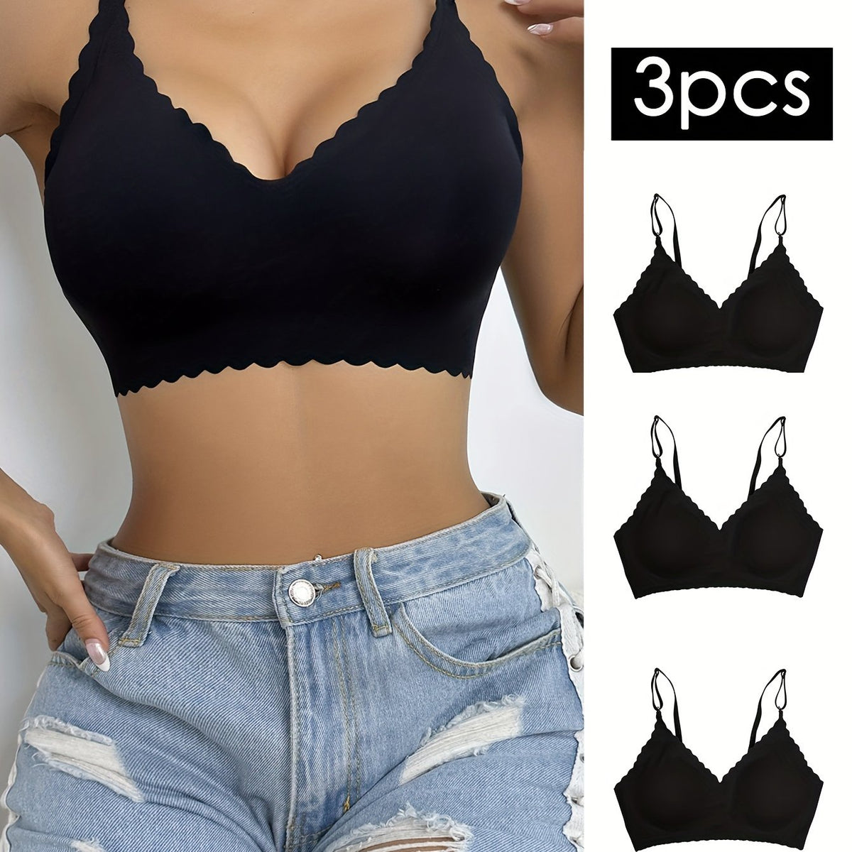 3pcs Seamless Wireless Bras Scallop Trim Intimates Bra Women's Lingerie