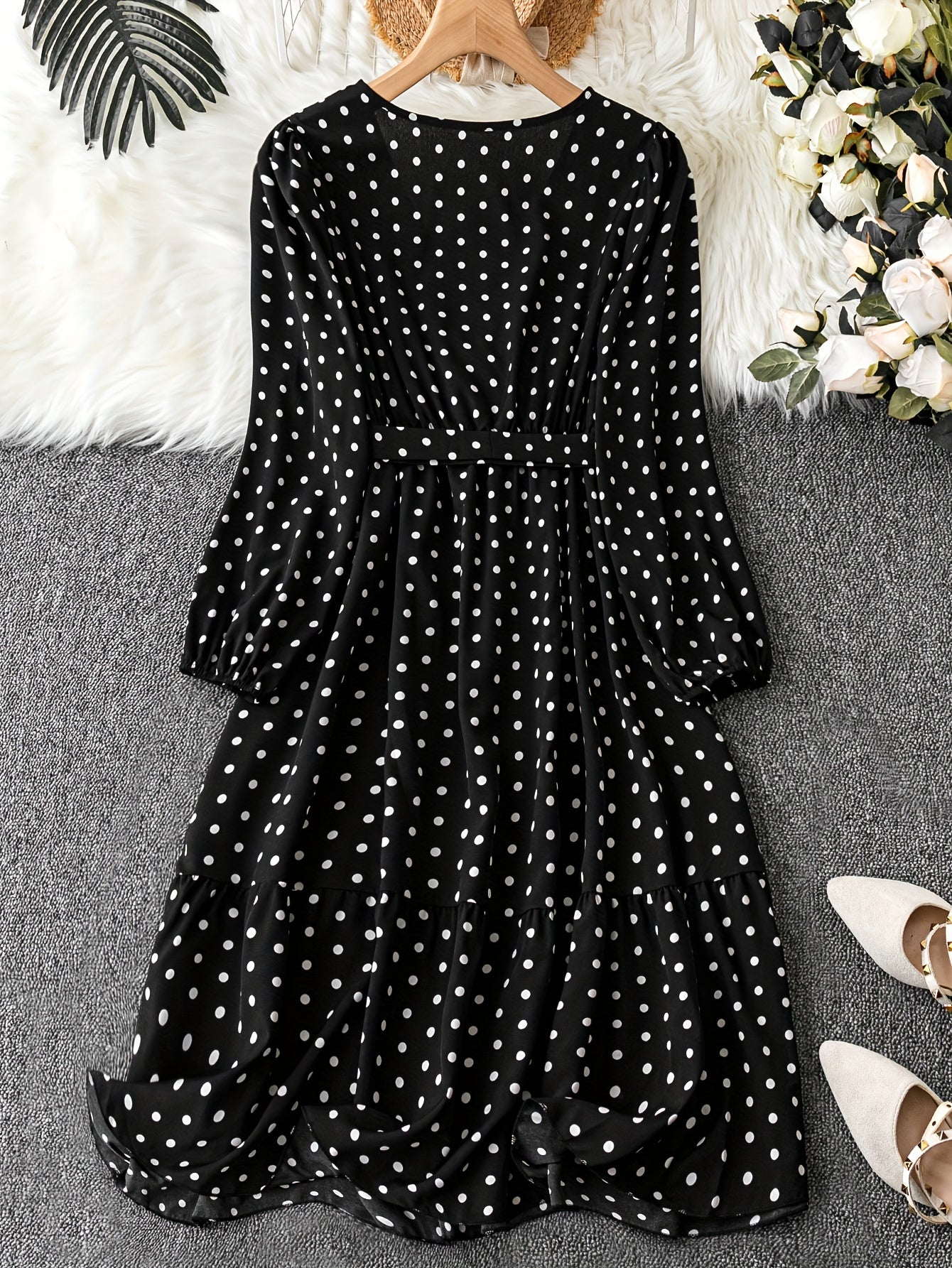 Polka Dot Long Sleeve Dress With Belt