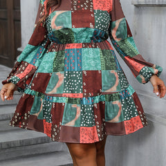  Colorblock Floral Print Lantern Sleeve Dress