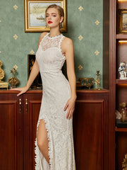 Lace Trim Split Thigh Floor Length Wedding Dress