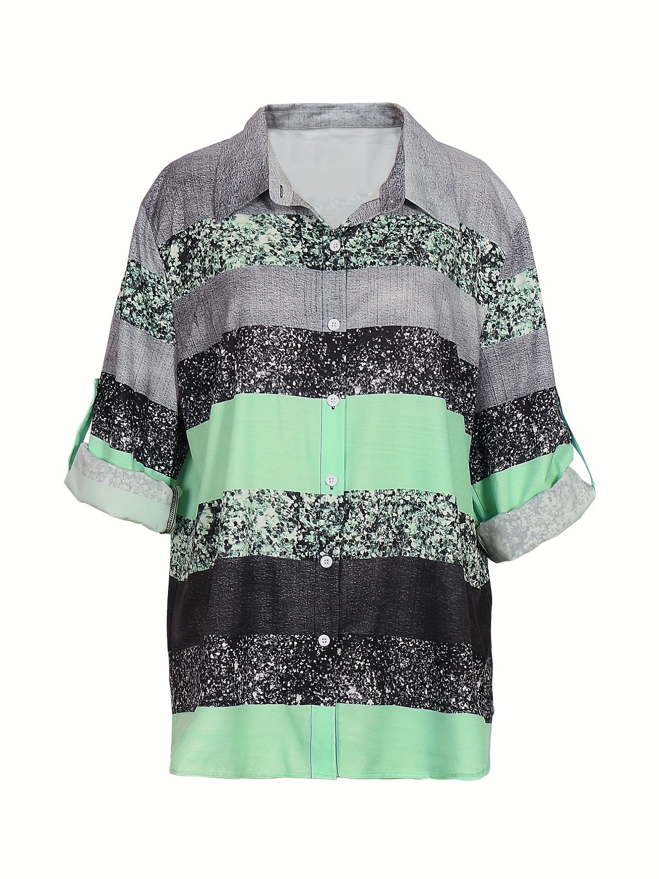  Casual Blouse 3D Bling Stripe Print Roll Up Sleeve Button Up Shirt