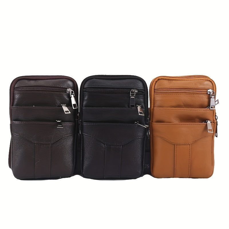 Men's Diagonal Mobile Phone Leather Waist Bag Double Zipper