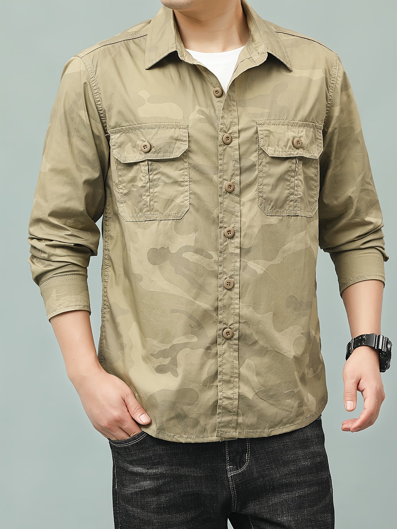 Camouflage Pattern Men's Breathable Long Sleeve Button Up Shirt