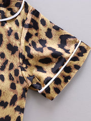Kid's Leopard Satin Pajama Set Short Sleeve Top & Pants