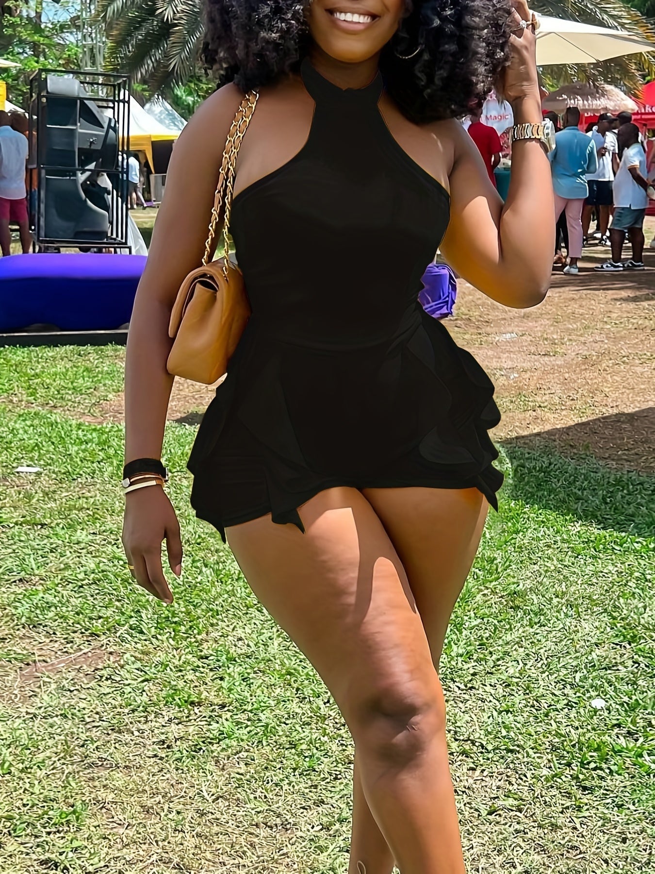 Ruffle Trim Halter Neck Romper Solid Jumpsuit