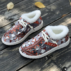 Women's Christmas Santa Print Snow Boots Winter Lace up Flats