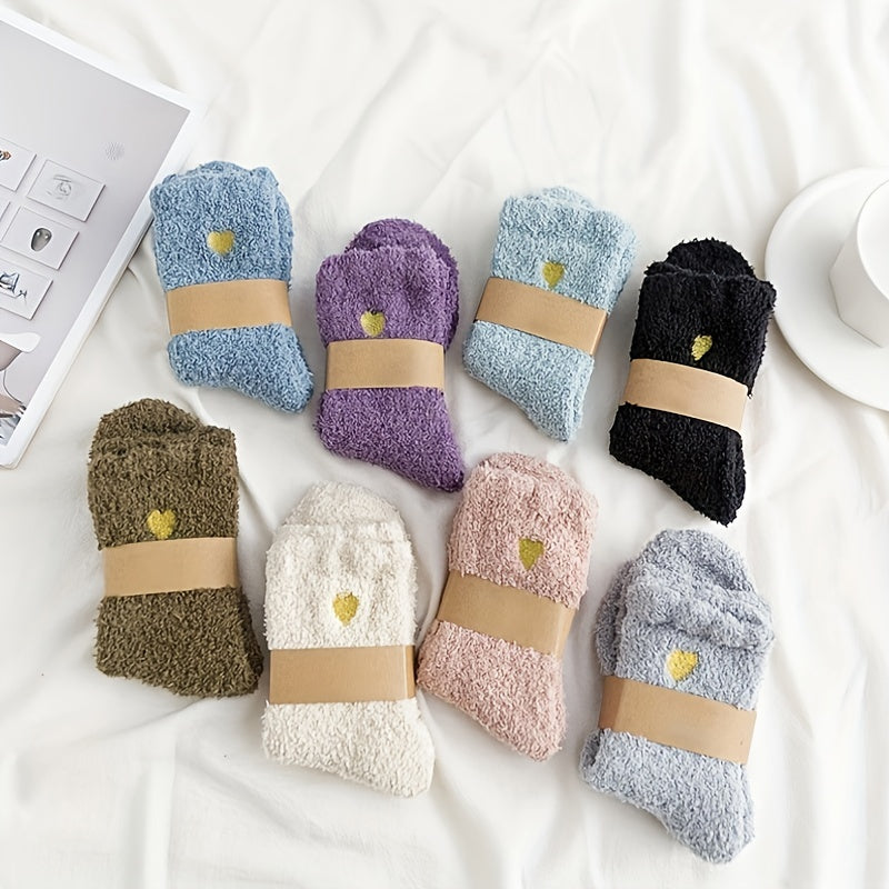8 Pairs Heart Embroidery Fuzzy Socks Women's Stockings