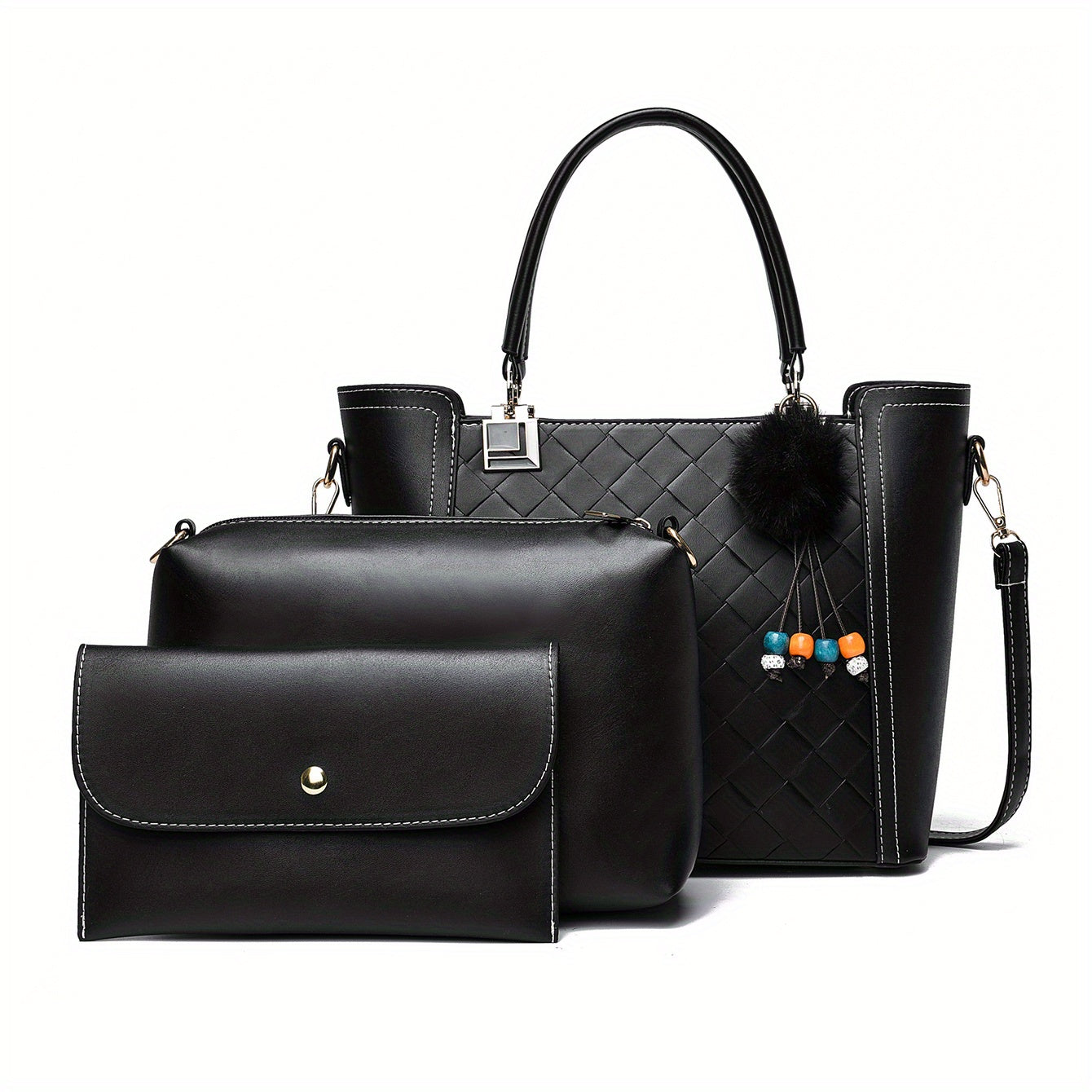 3pcs Tote Bag Inner Bag Clutch Purse Set PU Leather Textured Satchel Bag