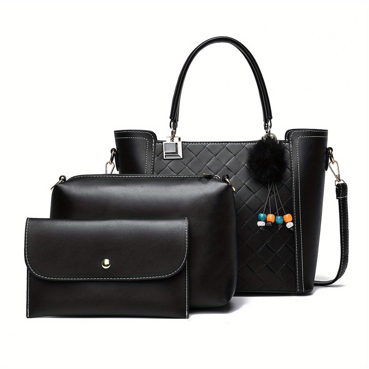 3pcs Tote Bag Inner Bag Clutch Purse Set PU Leather Textured Satchel Bag