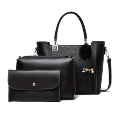 3pcs Tote Bag Inner Bag Clutch Purse Set PU Leather Textured Satchel Bag