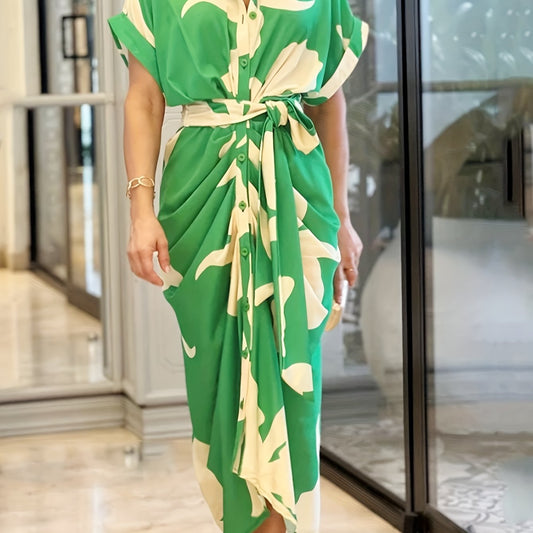  Print Maxi Dress Button Up Lapel Collar Belted Ruched Batwing Sleeve