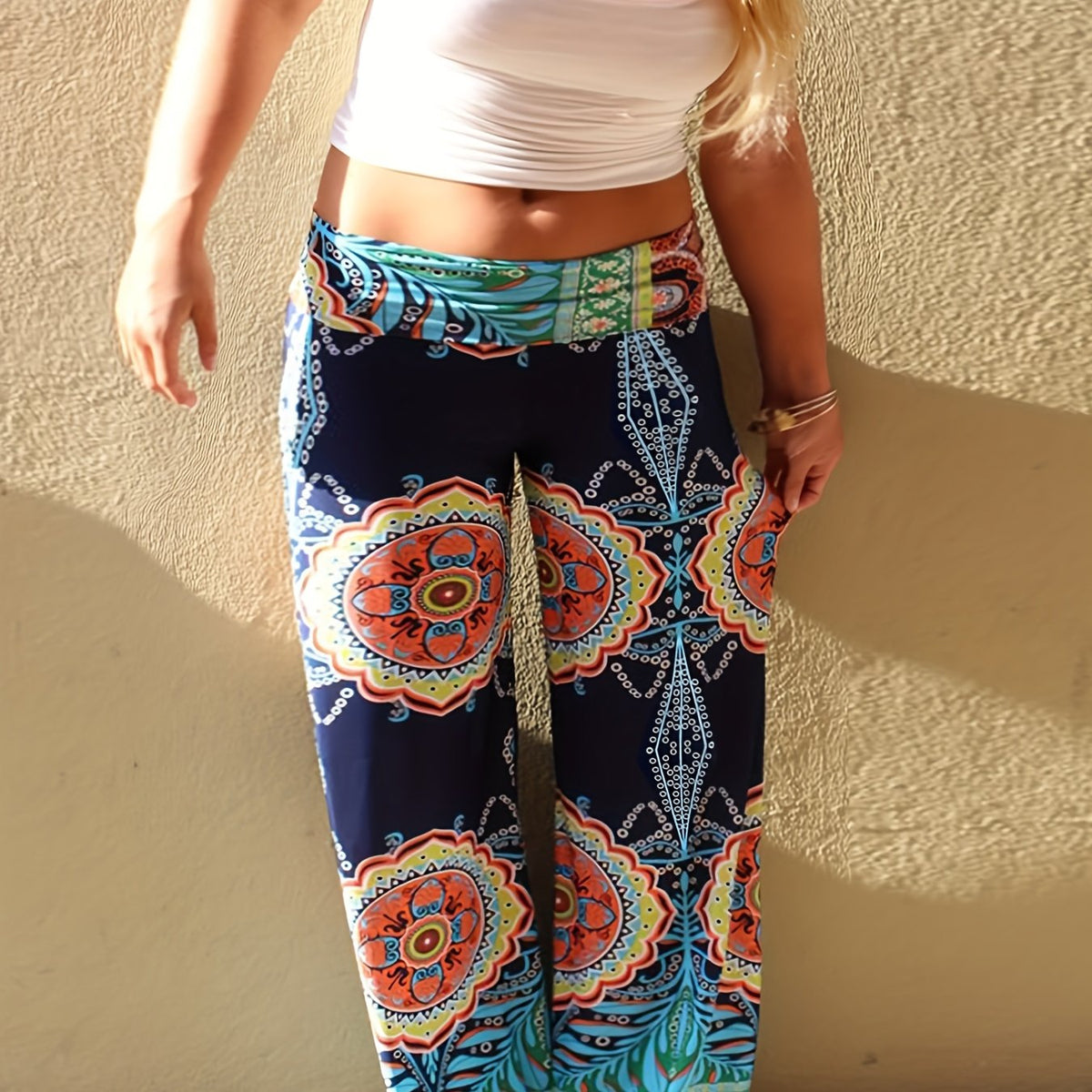  Geometric Print High Waist Yoga Wide Leg Pants