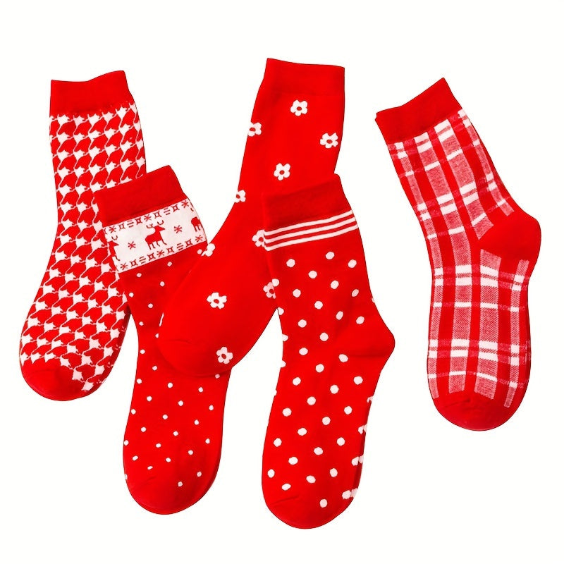 5 Pairs Christmas Print Socks Mid Tube Women's Stockings & Hosiery
