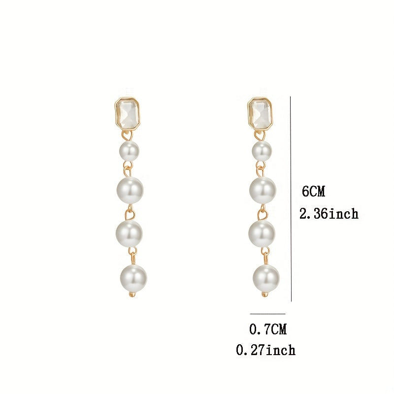 Zircon Faux Pearl Decor Chain Long Dangle Earrings Wedding Jewelry