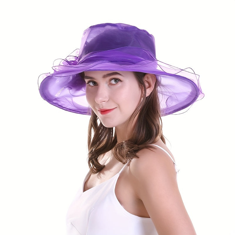 Organza Sun Hat Wide Brim Solid Derby Hat Ruffles Flower Beach Hats
