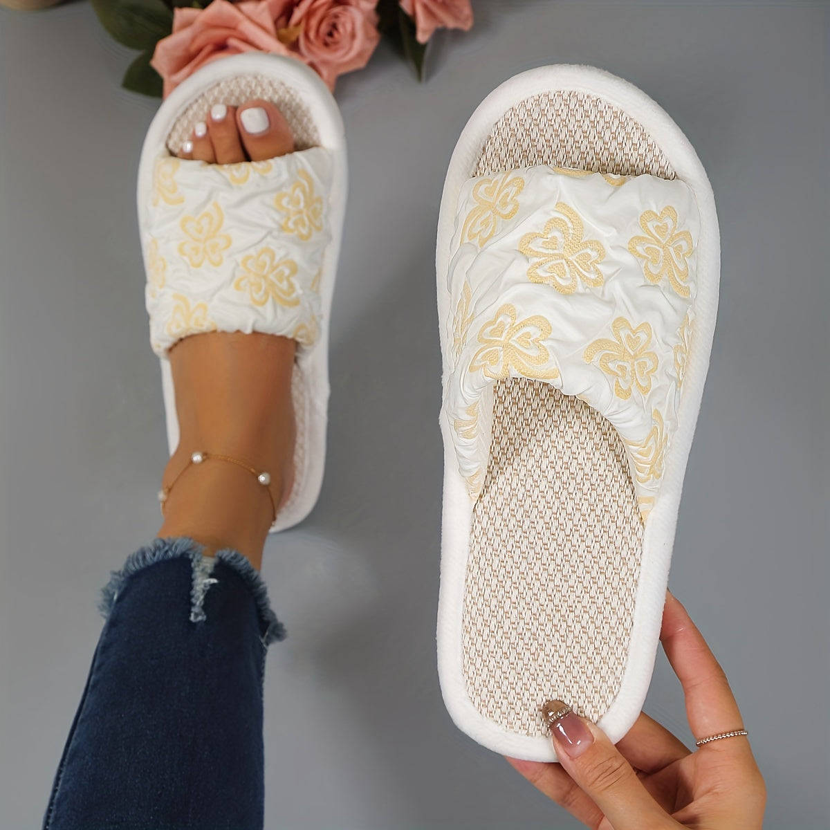 Floral Pattern Flat Slippers Soft Sole Slip On Shoes