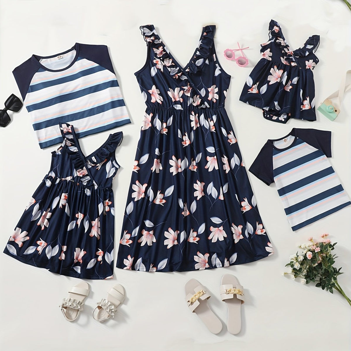 Striped T-shirts for Man and Boy, Floral Dresses for Woman and Girl
